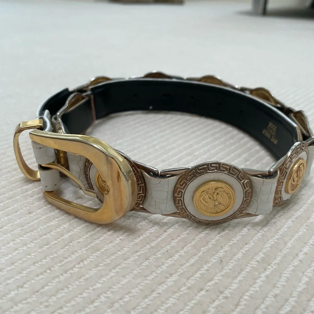 White Leather And Gold Belt With Leopard Medallions